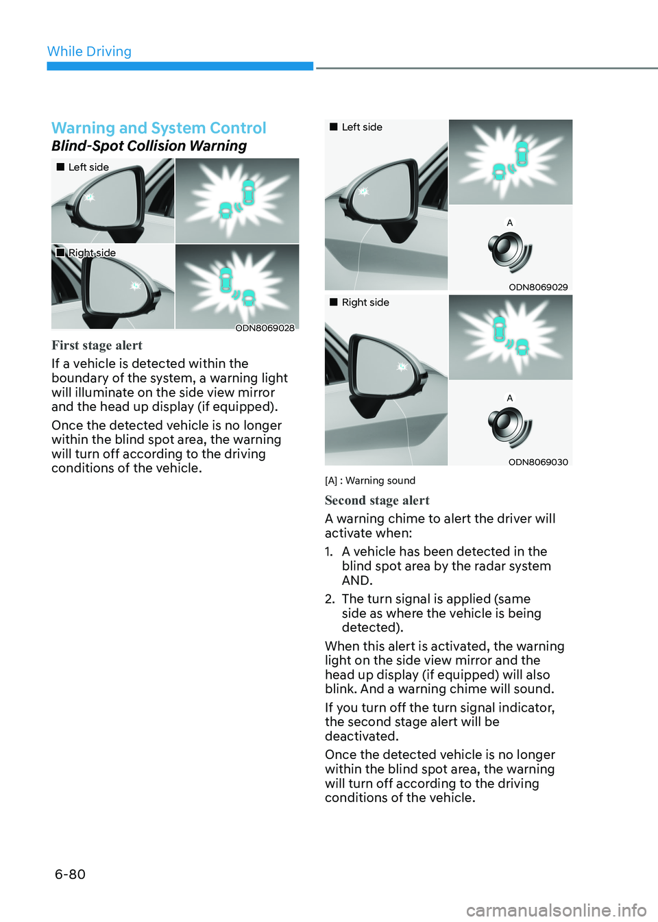 HYUNDAI SONATA 2023 Owners Manual While Driving
6-80
Warning and System Control
Blind-Spot Collision Warning
Left side
Right side
ODN8069028
First stage alert
If a vehicle is detected within the
boundary of HYUNDAI SONATA 2023 Owners Manual While Driving
6-80
Warning and System Control
Blind-Spot Collision Warning
Left side
Right side
ODN8069028
First stage alert
If a vehicle is detected within the
boundary of