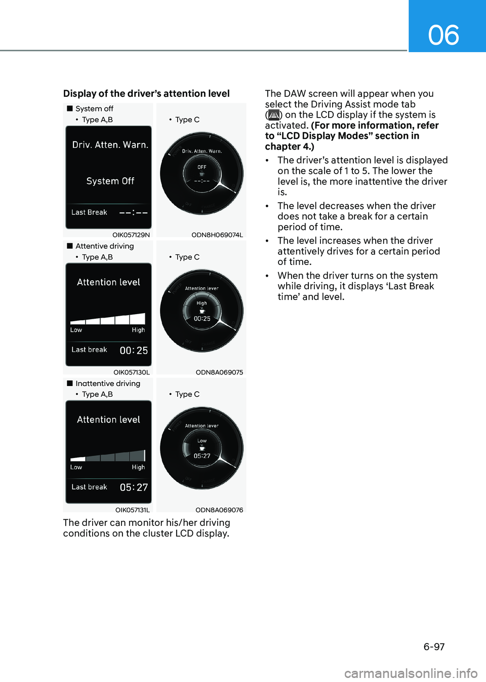 HYUNDAI SONATA 2023 Owners Manual 06
6-97
Display of the driver’s attention level
System off
•Type A,B •Type C
OIK057129NODN8H069074L
Attentive driving
•Type A,B •Type C
OIK057 HYUNDAI SONATA 2023 Owners Manual 06
6-97
Display of the driver’s attention level
System off
•Type A,B •Type C
OIK057129NODN8H069074L
Attentive driving
•Type A,B •Type C
OIK057