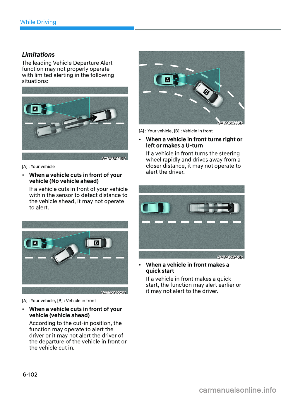 HYUNDAI SONATA 2023  Owners Manual While Driving
6-102
Limitations 
The leading Vehicle Departure Alert  
function may not properly operate 
with limited alerting in the following 
situations:
OADAS021SD
[A] : Your vehicle •	 When a 