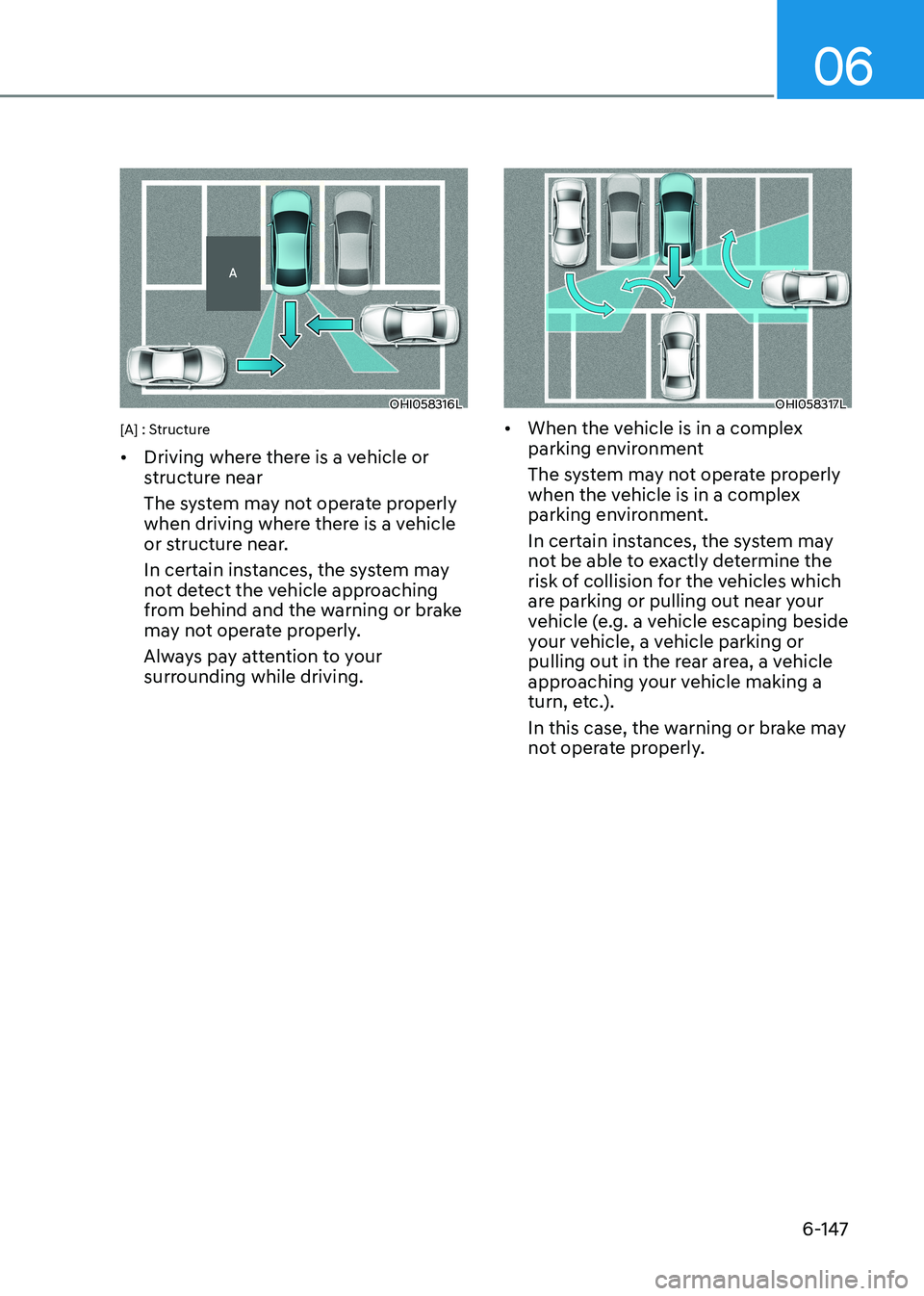 HYUNDAI SONATA 2023  Owners Manual 06
6-147
OHI058316L
[A] : Structure •	 Driving where there is a vehicle or  
structure near 
The system may not operate properly  
when driving where there is a vehicle 
or structure near. 
In certa