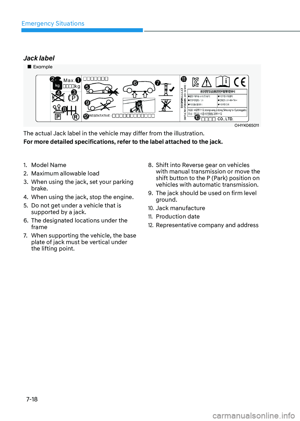 HYUNDAI SONATA 2023 Owners Manual Emergency Situations
7-18
Jack label
Example
OHYK065011
The actual Jack label in the vehicle may differ from the illustration.
For more detailed specifications, refer to the label attache HYUNDAI SONATA 2023 Owners Manual Emergency Situations
7-18
Jack label
Example
OHYK065011
The actual Jack label in the vehicle may differ from the illustration.
For more detailed specifications, refer to the label attache