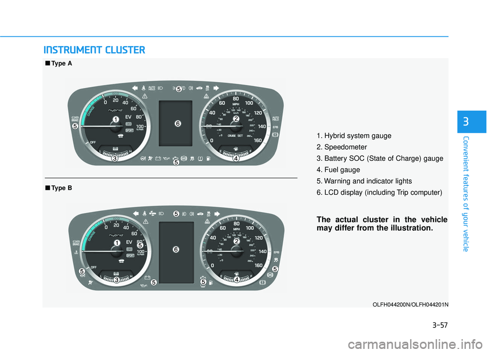 HYUNDAI SONATA LIMITED 2016 Owners Manual 3-57
Convenient features of your vehicle
3
I
IN
N S
ST
T R
R U
U M
M E
EN
N T
T
C
C L
LU
U S
ST
T E
ER
R
1. Hybrid system gauge
2. Speedometer
3. Battery SOC (State of Charge) gauge
4. Fuel gauge
5. HYUNDAI SONATA LIMITED 2016 Owners Manual 3-57
Convenient features of your vehicle
3
I
IN
N S
ST
T R
R U
U M
M E
EN
N T
T
C
C L
LU
U S
ST
T E
ER
R
1. Hybrid system gauge
2. Speedometer
3. Battery SOC (State of Charge) gauge
4. Fuel gauge
5.