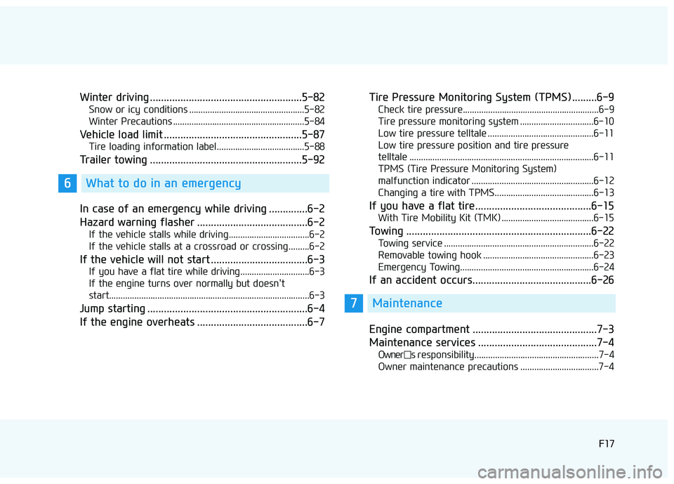 HYUNDAI SONATA LIMITED 2016  Owners Manual F17F17
Winter driving .......................................................5-82
Snow or icy conditions ..................................................5-82
Winter Precautions .....................