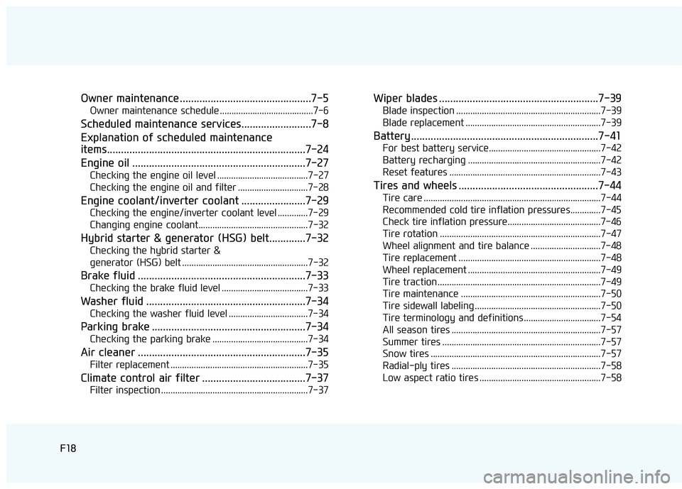 HYUNDAI SONATA LIMITED 2016  Owners Manual F18
Owner maintenance ...............................................7-5
Owner maintenance schedule ........................................7-6
Scheduled maintenance services.........................7