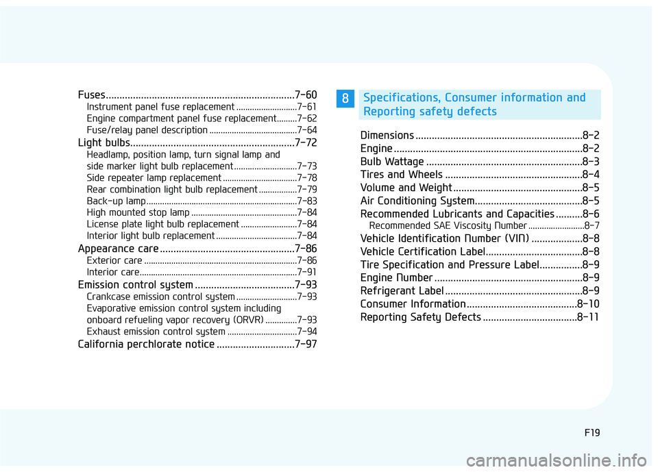 HYUNDAI SONATA LIMITED 2016 User Guide F19
Fuses ......................................................................7-\
60
Instrument panel fuse replacement ...........................7-61
Engine compartment panel fuse replacement...... HYUNDAI SONATA LIMITED 2016 User Guide F19
Fuses ......................................................................7-\
60
Instrument panel fuse replacement ...........................7-61
Engine compartment panel fuse replacement......