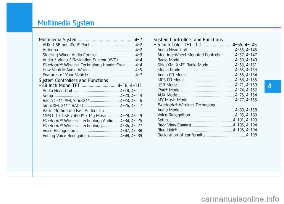 HYUNDAI SONATA LIMITED 2016 Owners Manual Multimedia System
Multimedia System.................................................4-2
AUX, USB and iPod®Port ...............................................4-2
Antenna ............................. HYUNDAI SONATA LIMITED 2016 Owners Manual Multimedia System
Multimedia System.................................................4-2
AUX, USB and iPod®Port ...............................................4-2
Antenna .............................