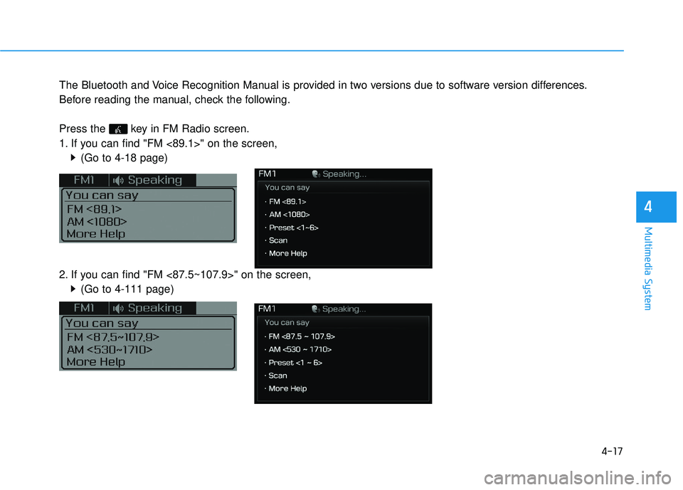 HYUNDAI SONATA LIMITED 2016  Owners Manual 4-17
Multimedia System
4
The Bluetooth and Voice Recognition Manual is provided in two versions due to software version differences.
Before reading the manual, check the following.
Press the  key in F