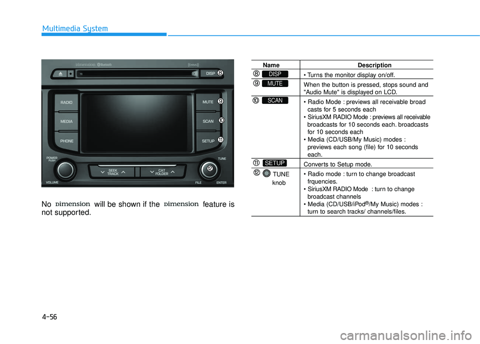 HYUNDAI SONATA LIMITED 2016 Owners Manual 4-56
Multimedia System
No will be shown if the feature is
not supported.
Name Description
When the button is pressed, stops sound and
"Audio Mute" is displayed on LCD.
previews all receivable broa HYUNDAI SONATA LIMITED 2016 Owners Manual 4-56
Multimedia System
No will be shown if the feature is
not supported.
Name Description
When the button is pressed, stops sound and
"Audio Mute" is displayed on LCD.
previews all receivable broa