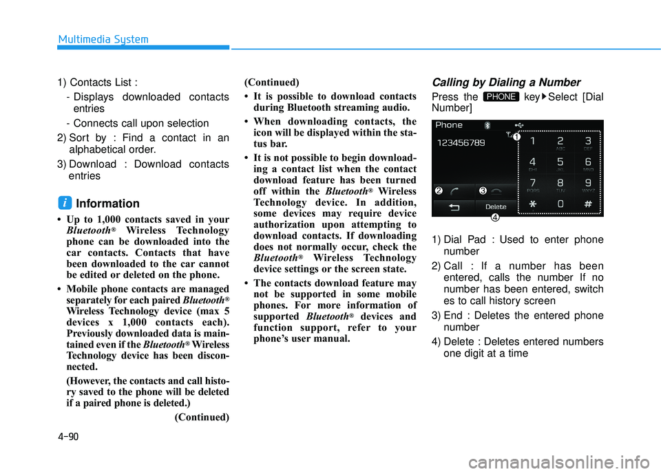 HYUNDAI SONATA LIMITED 2016 Owners Manual 4-90
Multimedia System
1) Contacts List :- Displays downloaded contactsentries
- Connects call upon selection
2) Sort by : Find a contact in an alphabetical order.
3) Download : Download contacts entr HYUNDAI SONATA LIMITED 2016 Owners Manual 4-90
Multimedia System
1) Contacts List :- Displays downloaded contactsentries
- Connects call upon selection
2) Sort by : Find a contact in an alphabetical order.
3) Download : Download contacts entr