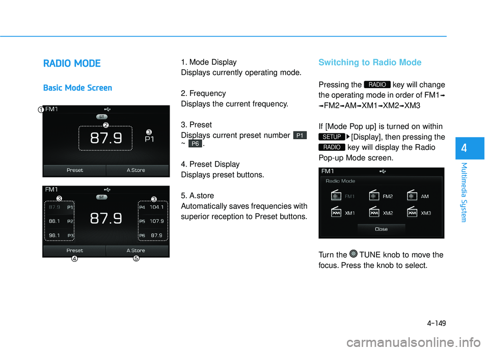 HYUNDAI SONATA LIMITED 2016 Owners Manual 4-149
Multimedia System
4
R
RA
A D
DI
IO
O
M
M O
OD
DE
E
B
Ba
as
si
ic
c
M
M o
od
de
e
S
S c
cr
re
e e
en
n 1. Mode Display
Displays currently operating mode.
2. Frequency
Displays the current HYUNDAI SONATA LIMITED 2016 Owners Manual 4-149
Multimedia System
4
R
RA
A D
DI
IO
O
M
M O
OD
DE
E
B
Ba
as
si
ic
c
M
M o
od
de
e
S
S c
cr
re
e e
en
n 1. Mode Display
Displays currently operating mode.
2. Frequency
Displays the current