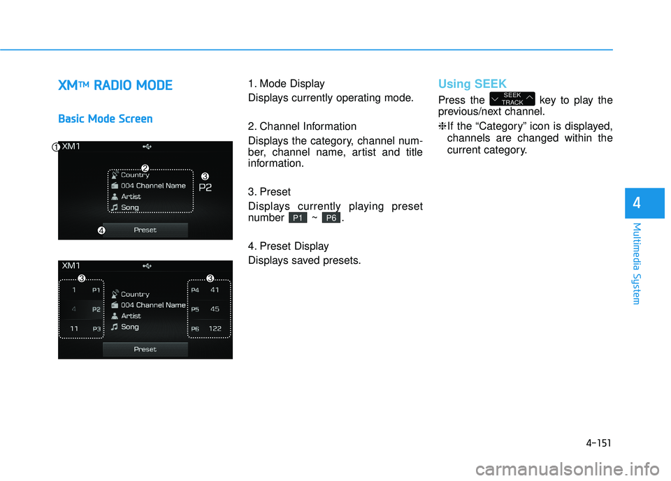 HYUNDAI SONATA LIMITED 2016 Owners Manual 4-151
Multimedia System
4
X
XM
MT
TM
MR
R A
A D
DI
IO
O
M
M O
OD
DE
E
B
Ba
as
si
ic
c
M
M o
od
de
e
S
S c
cr
re
e e
en
n 1. Mode Display
Displays currently operating mode.
2. Channel Informati HYUNDAI SONATA LIMITED 2016 Owners Manual 4-151
Multimedia System
4
X
XM
MT
TM
MR
R A
A D
DI
IO
O
M
M O
OD
DE
E
B
Ba
as
si
ic
c
M
M o
od
de
e
S
S c
cr
re
e e
en
n 1. Mode Display
Displays currently operating mode.
2. Channel Informati