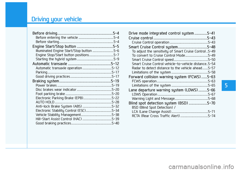 HYUNDAI SONATA LIMITED 2016  Owners Manual Driving your vehicle
Before driving.........................................................5-4
Before entering the vehicle ...........................................5-4
Before starting..............
