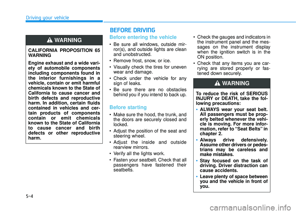 HYUNDAI SONATA LIMITED 2016  Owners Manual 5-4
Driving your vehicle
Before entering the vehicle 
• Be sure all windows, outside mir-ror(s), and outside lights are clean
and unobstructed.
 Remove frost, snow, or ice.
 Visually check the tires