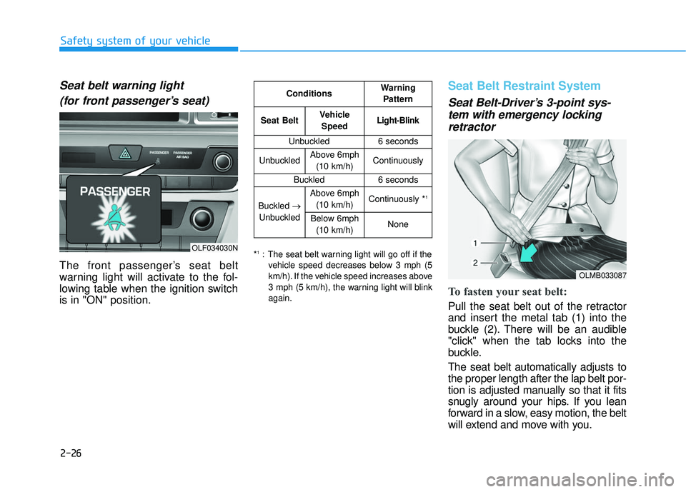 HYUNDAI SONATA LIMITED 2016 Workshop Manual 2-26
Safety system of your vehicle
Seat belt warning light(for front passenger’s seat)
The front passenger’s seat belt
warning light will activate to the fol-
lowing table when the ignition switch HYUNDAI SONATA LIMITED 2016 Workshop Manual 2-26
Safety system of your vehicle
Seat belt warning light(for front passenger’s seat)
The front passenger’s seat belt
warning light will activate to the fol-
lowing table when the ignition switch