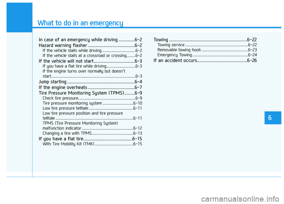 HYUNDAI SONATA LIMITED 2016  Owners Manual What to do in an emergency
6
In case of an emergency while driving ..............6-2
Hazard warning flasher ........................................6-2
If the vehicle stalls while driving.............