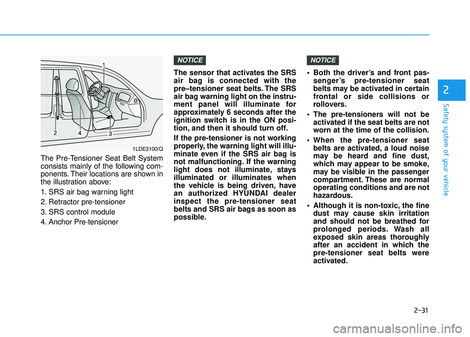 HYUNDAI SONATA LIMITED 2016 Workshop Manual 2-31
Safety system of your vehicle
2
The Pre-Tensioner Seat Belt System
consists mainly of the following com-
ponents. Their locations are shown in
the illustration above:
1. SRS air bag warning light HYUNDAI SONATA LIMITED 2016 Workshop Manual 2-31
Safety system of your vehicle
2
The Pre-Tensioner Seat Belt System
consists mainly of the following com-
ponents. Their locations are shown in
the illustration above:
1. SRS air bag warning light