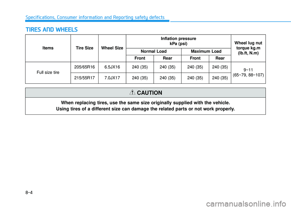 HYUNDAI SONATA LIMITED 2016  Owners Manual 8-4
Specifications, Consumer information and Reporting safety defects
T
TI
IR
R E
ES
S 
 A
A N
N D
D 
 W
W H
HE
EE
EL
LS
S
When replacing tires, use the same size originally supplied with the vehicle.