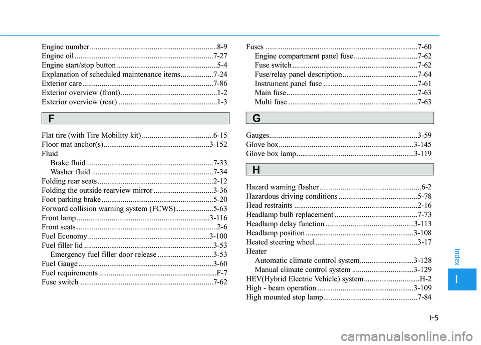 HYUNDAI SONATA LIMITED 2016  Owners Manual I-5
Engine number ..................................................................8-9
Engine oil ........................................................................\
7-27
Engine start/stop butt
