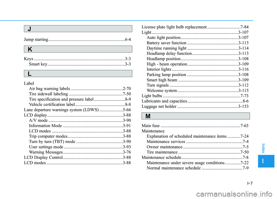 HYUNDAI SONATA LIMITED 2016  Owners Manual I-7
Jump starting .....................................................................6-4\
Keys ........................................................................\
..........3-3Smart key......