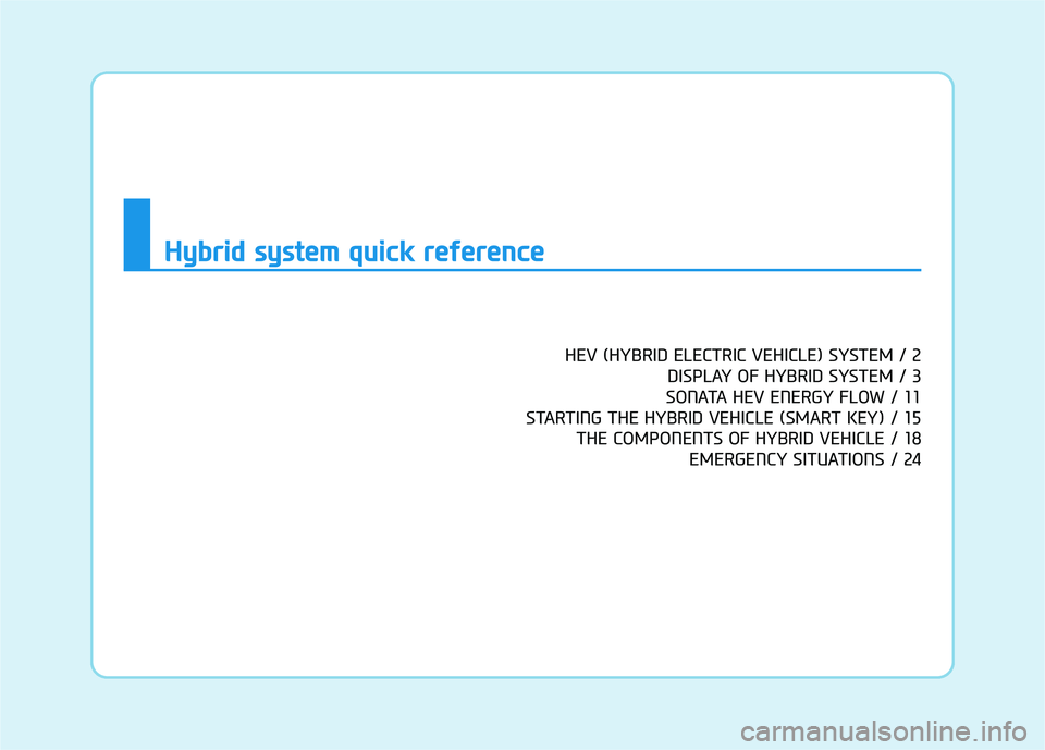 HYUNDAI SONATA LIMITED 2016  Owners Manual HEV (HYBRID ELECTRIC VEHICLE) SYSTEM / 2DISPLAY OF HYBRID SYSTEM / 3
SONATA HEV ENERGY FLOW / 11
STARTING THE HYBRID VEHICLE (SMART KEY) / 15 THE COMPONENTS OF HYBRID VEHICLE / 18 EMERGENCY SITUATIONS