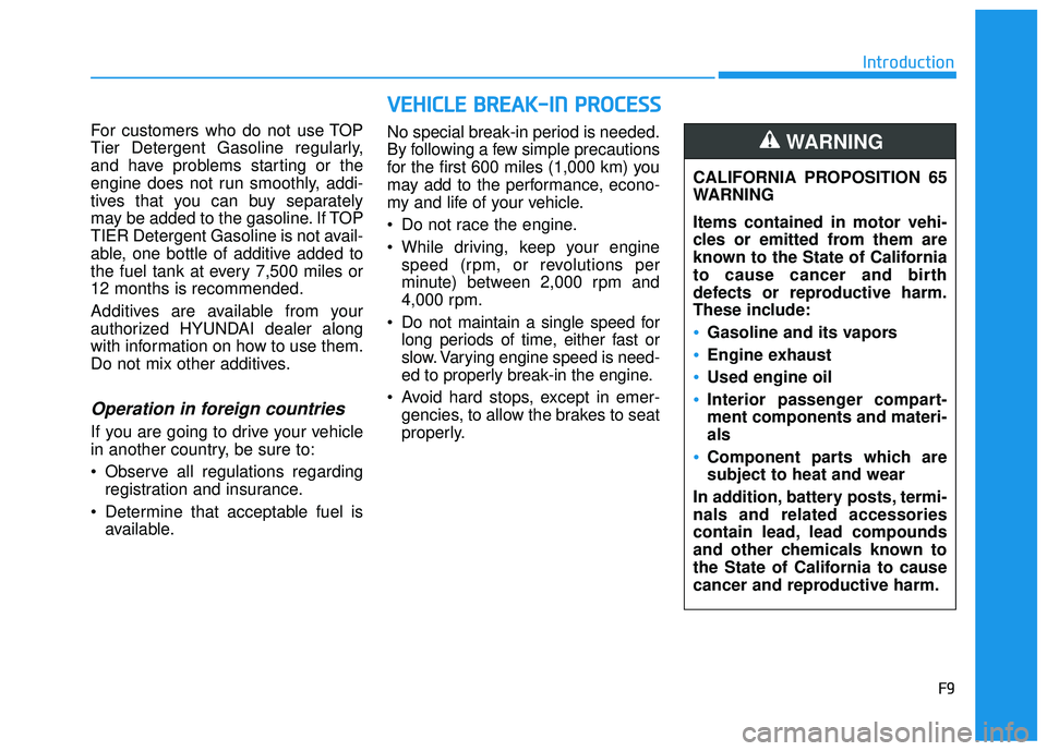 HYUNDAI SONATA LIMITED 2016  Owners Manual F9
Introduction
For customers who do not use TOP
Tier Detergent Gasoline regularly,
and have problems starting or the
engine does not run smoothly, addi-
tives that you can buy separately
may be added