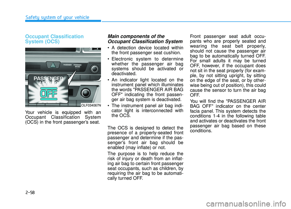 HYUNDAI SONATA LIMITED 2016 Manual Online 2-58
Safety system of your vehicle
Occupant Classification
System (OCS)
Your vehicle is equipped with an
Occupant Classification System
(OCS) in the front passenger’s seat.
Main components of theOcc