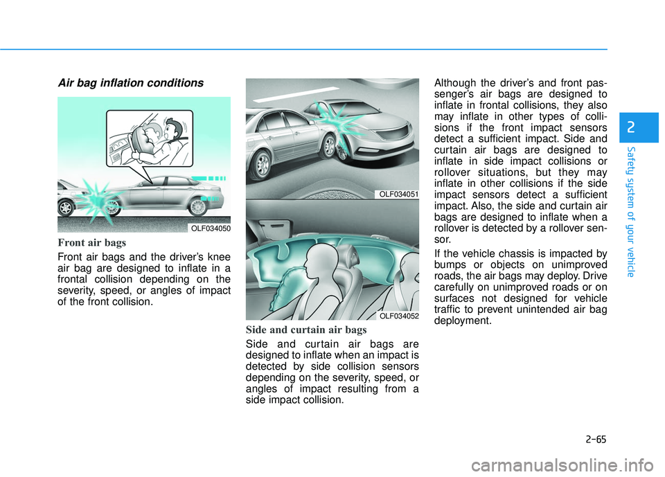 HYUNDAI SONATA LIMITED 2016 Manual Online 2-65
Safety system of your vehicle
2
Air bag inflation conditions 
Front air bags 
Front air bags and the driver’s knee
air bag are designed to inflate in a
frontal collision depending on the
severi