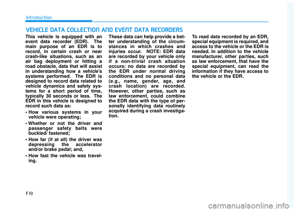 HYUNDAI SONATA LIMITED 2016  Owners Manual F10
Introduction
This vehicle is equipped with an
event data recorder (EDR). The
main purpose of an EDR is to
record, in certain crash or near
crash-like situations, such as an
air bag deployment or h