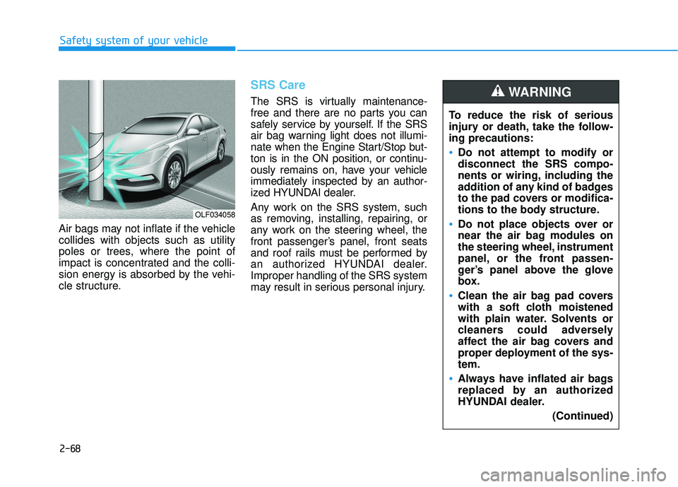 HYUNDAI SONATA LIMITED 2016 Owners Manual 2-68
Safety system of your vehicle
Air bags may not inflate if the vehicle
collides with objects such as utility
poles or trees, where the point of
impact is concentrated and the colli-
sion energy is HYUNDAI SONATA LIMITED 2016 Owners Manual 2-68
Safety system of your vehicle
Air bags may not inflate if the vehicle
collides with objects such as utility
poles or trees, where the point of
impact is concentrated and the colli-
sion energy is
