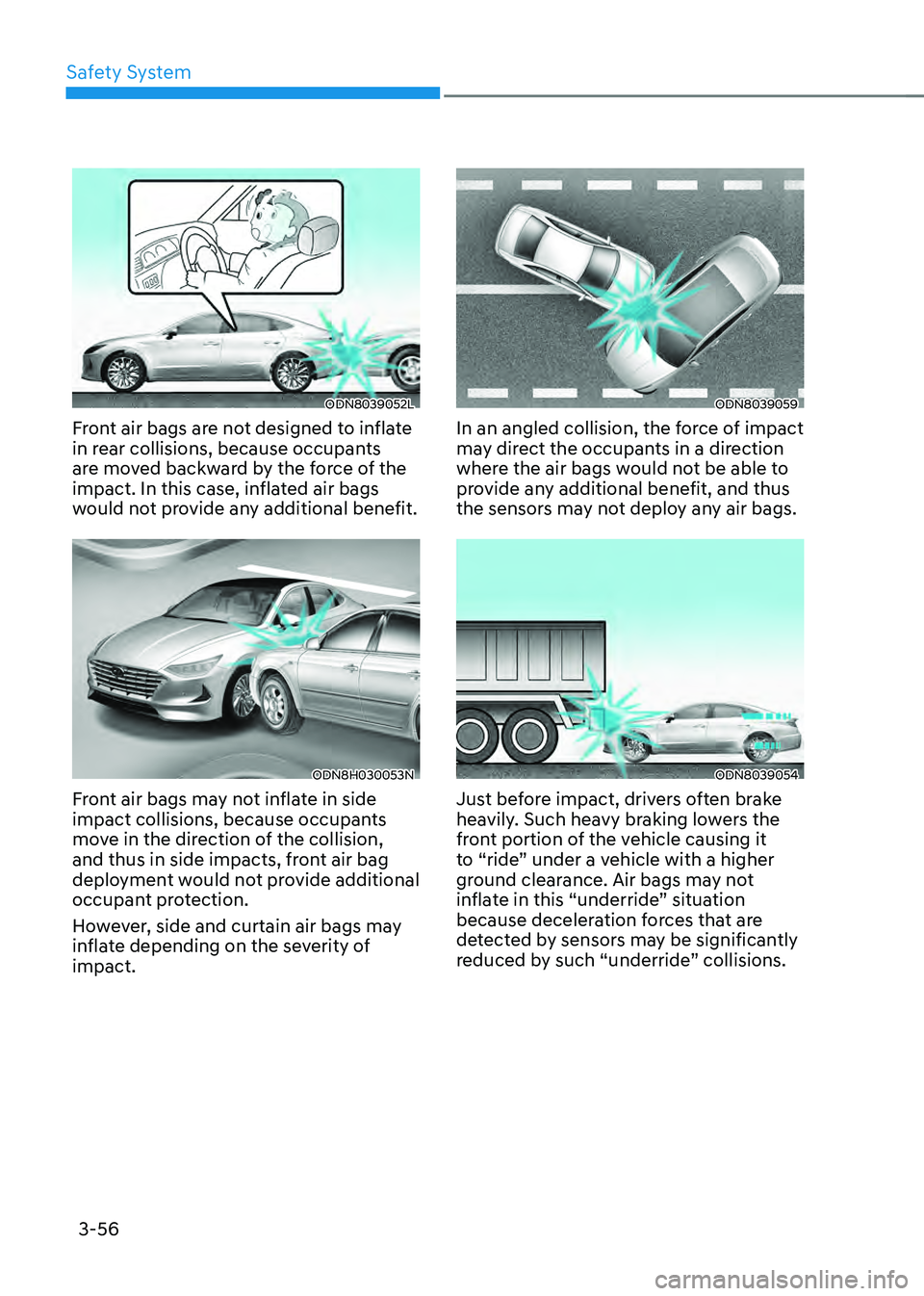 HYUNDAI SONATA HYBRID 2022  Owners Manual Safety System
3-56
ODN8039052L
Front air bags are not designed to inflate 
in rear collisions, because occupants 
are moved backward by the force of the 
impact. In this case, inflated air bags 
would