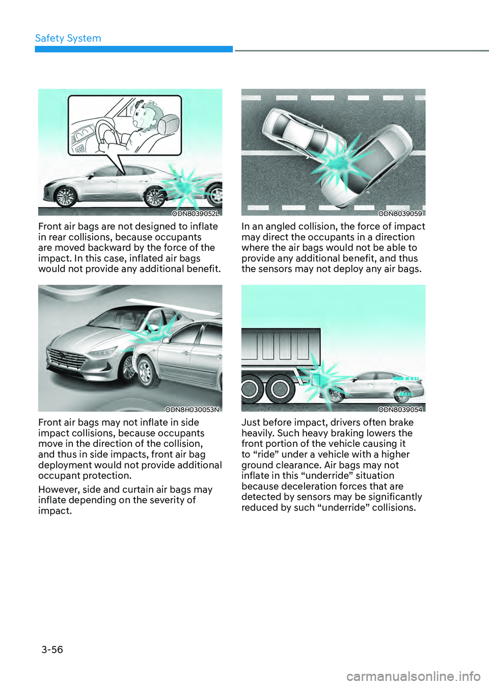HYUNDAI SONATA HYBRID 2022 Owners Manual Safety System
3-56
ODN8039052L
Front air bags are not designed to inflate
in rear collisions, because occupants
are moved backward by the force of the
impact. In this case, inflated air bags
would HYUNDAI SONATA HYBRID 2022 Owners Manual Safety System
3-56
ODN8039052L
Front air bags are not designed to inflate
in rear collisions, because occupants
are moved backward by the force of the
impact. In this case, inflated air bags
would