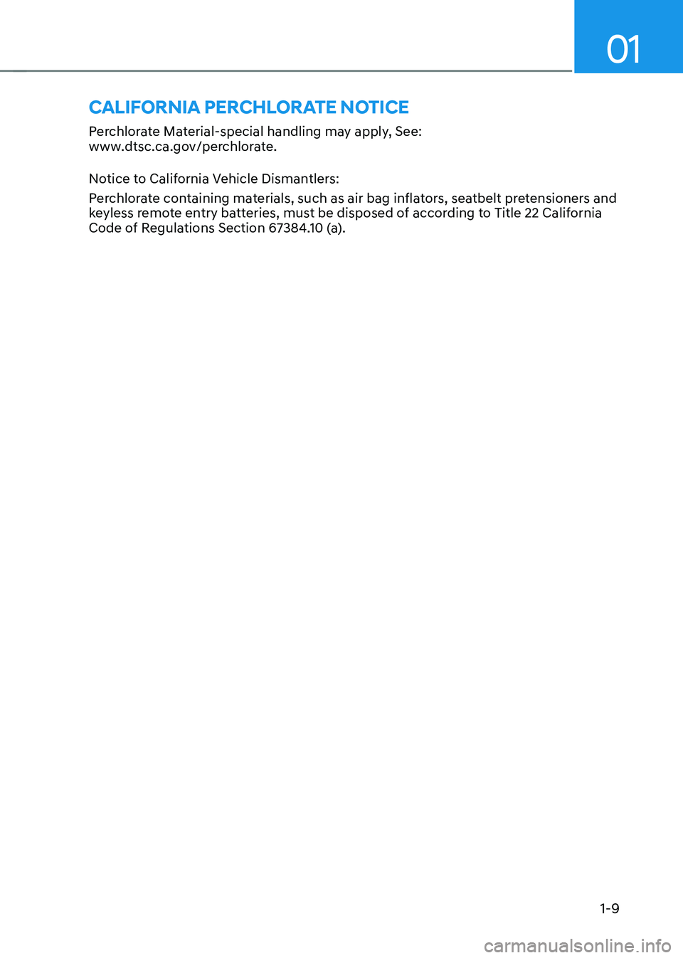 HYUNDAI SONATA HYBRID 2022  Owners Manual 01
1-9
Perchlorate Material-special handling may apply, See:  
www.dtsc.ca.gov/perchlorate.
Notice to California Vehicle Dismantlers:
Perchlorate containing materials, such as air bag inflators, seatb