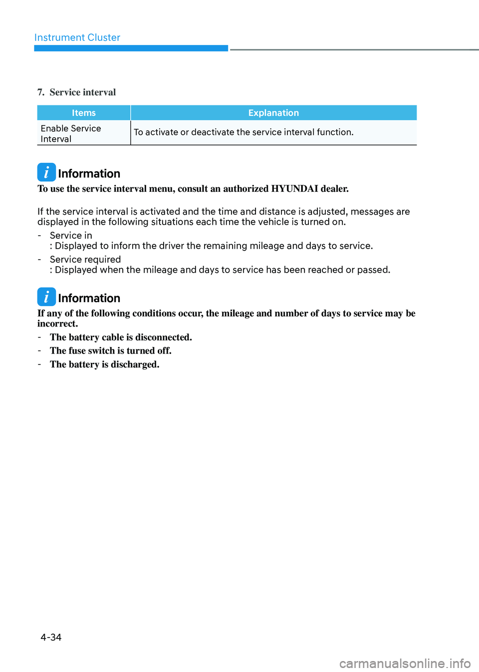 HYUNDAI SONATA HYBRID 2022 Owners Manual Instrument Cluster
4-34
7. Service interval
ItemsExplanation
Enable Service
Interval To activate or deactivate the service interval function.
Information
To use the service interval menu, consult an HYUNDAI SONATA HYBRID 2022 Owners Manual Instrument Cluster
4-34
7. Service interval
ItemsExplanation
Enable Service
Interval To activate or deactivate the service interval function.
Information
To use the service interval menu, consult an