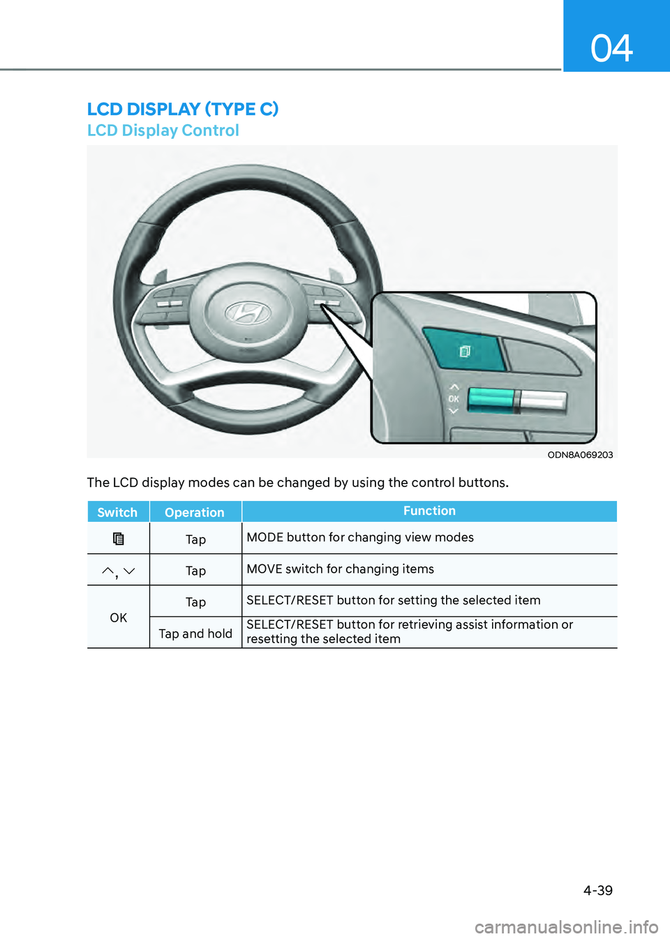 HYUNDAI SONATA HYBRID 2022 Owners Manual 4-39
04
LCD Display Control
ODN8A069203
LCD DISPLAY (TYPE C)
The LCD display modes can be changed by using the control buttons.
SwitchOperation Function
Ta pMODE button for changing view modes
, Ta pM HYUNDAI SONATA HYBRID 2022 Owners Manual 4-39
04
LCD Display Control
ODN8A069203
LCD DISPLAY (TYPE C)
The LCD display modes can be changed by using the control buttons.
SwitchOperation Function
Ta pMODE button for changing view modes
, Ta pM