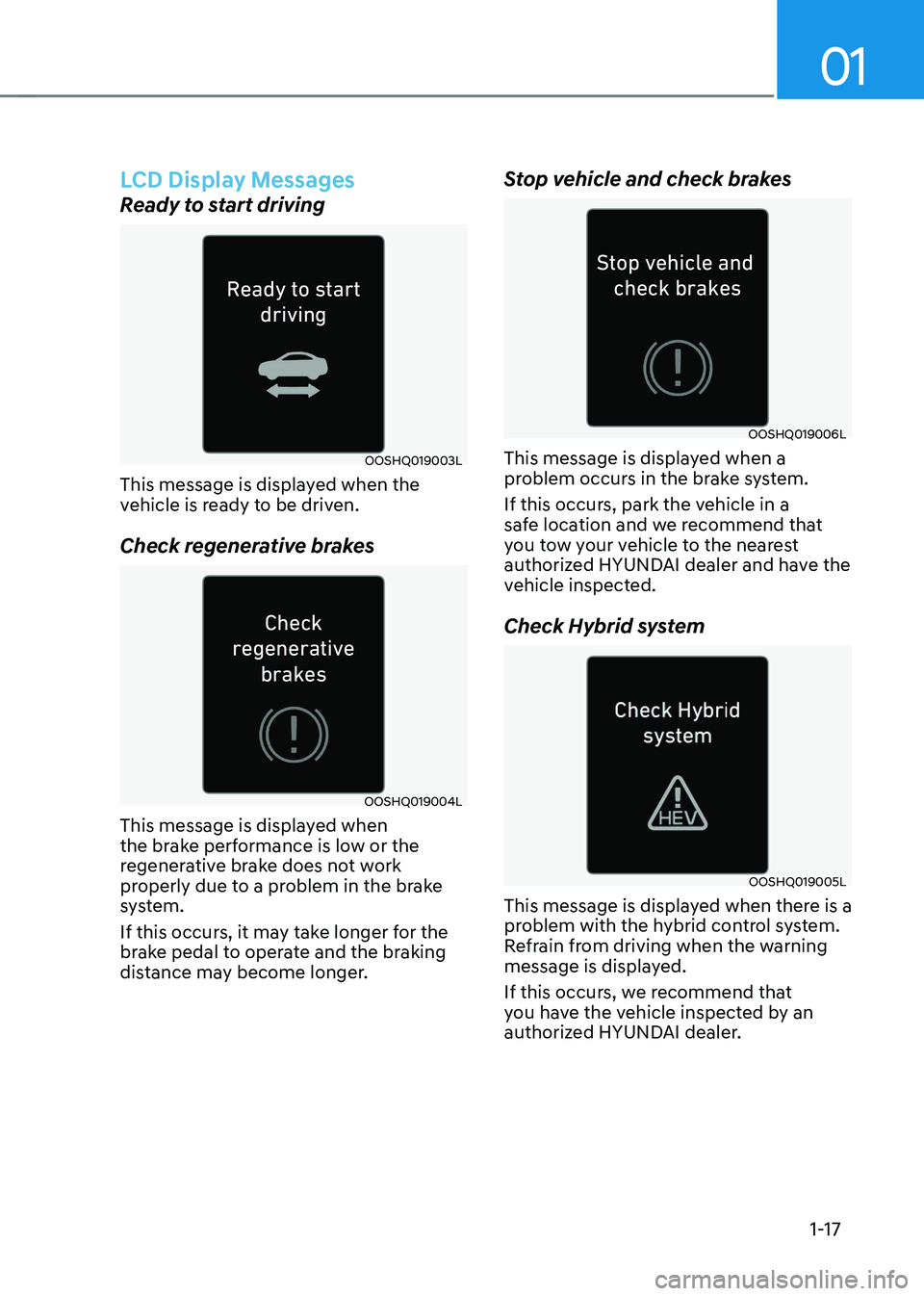 HYUNDAI SONATA HYBRID 2022 Owners Manual 01
1-17
LCD Display Messages
Ready to start driving
OOSHQ019003L
This message is displayed when the
vehicle is ready to be driven.
Check regenerative brakes
OOSHQ019004L
This message is displayed whe HYUNDAI SONATA HYBRID 2022 Owners Manual 01
1-17
LCD Display Messages
Ready to start driving
OOSHQ019003L
This message is displayed when the
vehicle is ready to be driven.
Check regenerative brakes
OOSHQ019004L
This message is displayed whe