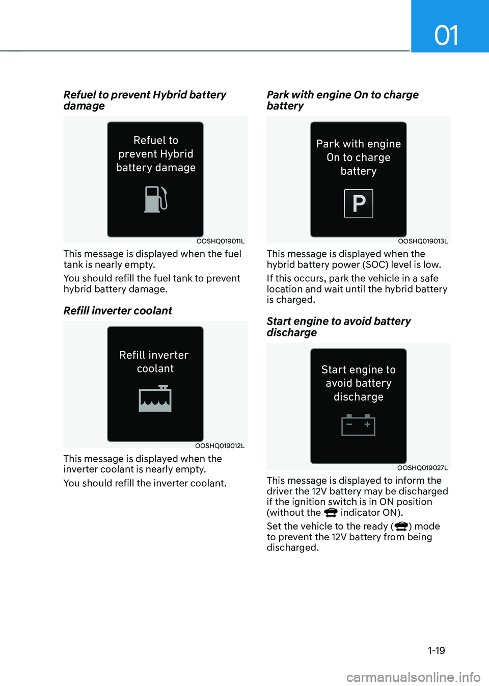 HYUNDAI SONATA HYBRID 2022 Owners Manual 01
1-19
Refuel to prevent Hybrid battery
damage
OOSHQ019011L
This message is displayed when the fuel
tank is nearly empty.
You should refill the fuel tank to prevent
hybrid battery damage.
Refill i HYUNDAI SONATA HYBRID 2022 Owners Manual 01
1-19
Refuel to prevent Hybrid battery
damage
OOSHQ019011L
This message is displayed when the fuel
tank is nearly empty.
You should refill the fuel tank to prevent
hybrid battery damage.
Refill i