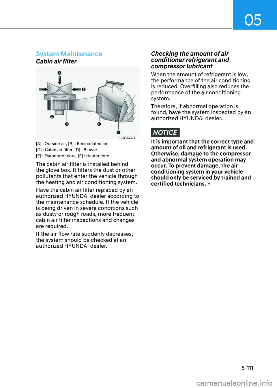 HYUNDAI SONATA HYBRID 2022  Owners Manual 05
5-111
System Maintenance
Cabin air filter
OIK047401L[A] : Outside air, [B] : Recirculated air
[C] : Cabin air filter, [D] : Blower
[E] : Evaporator core, [F] : Heater core
The cabin air filter is i