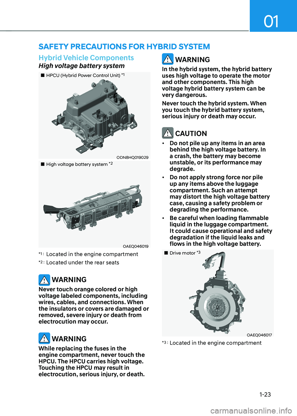 HYUNDAI SONATA HYBRID 2022 Owners Manual 01
1-23
SAFETY PRECAUTIONS FOR HYBRID SYSTEM
Hybrid Vehicle Components
High voltage battery system
„„HPCU (Hybrid Power Control Unit) *1
ODN8HQ019029
„„High voltage battery system 