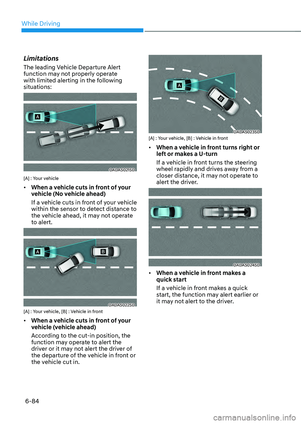 HYUNDAI SONATA HYBRID 2022  Owners Manual While Driving
6-84
Limitations
The leading Vehicle Departure Alert 
function may not properly operate 
with limited alerting in the following 
situations:
OADAS021SD
[A] : Your vehicle
•	When a vehi