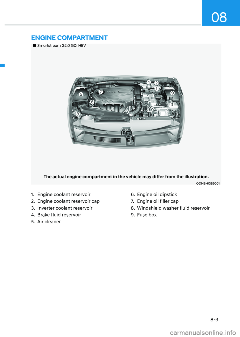 HYUNDAI SONATA HYBRID 2022 User Guide 8-3
08
„„Smartstream G2.0 GDi HEV
The actual engine compartment in the vehicle may differ from the illustration.
ODN8H089001
1. Engine coolant reservoir
2. Engine coolant reservoir cap
3. In