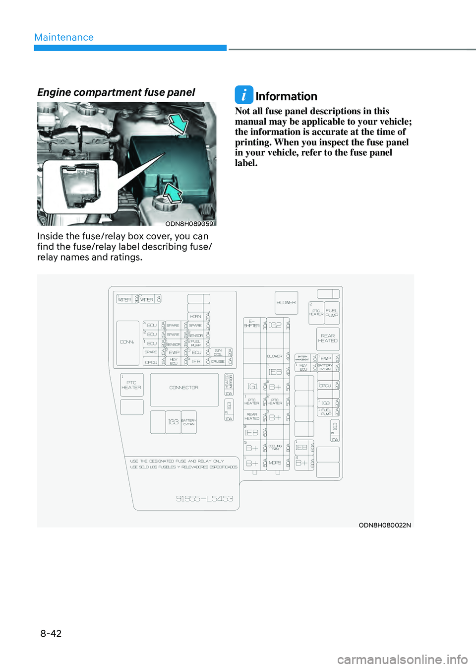 HYUNDAI SONATA HYBRID 2022  Owners Manual Maintenance
8-42
Engine compartment fuse panel
ODN8H089059
Inside the fuse/relay box cover, you can 
find the fuse/relay label describing fuse/
relay names and ratings.
 Information
Not all fuse panel