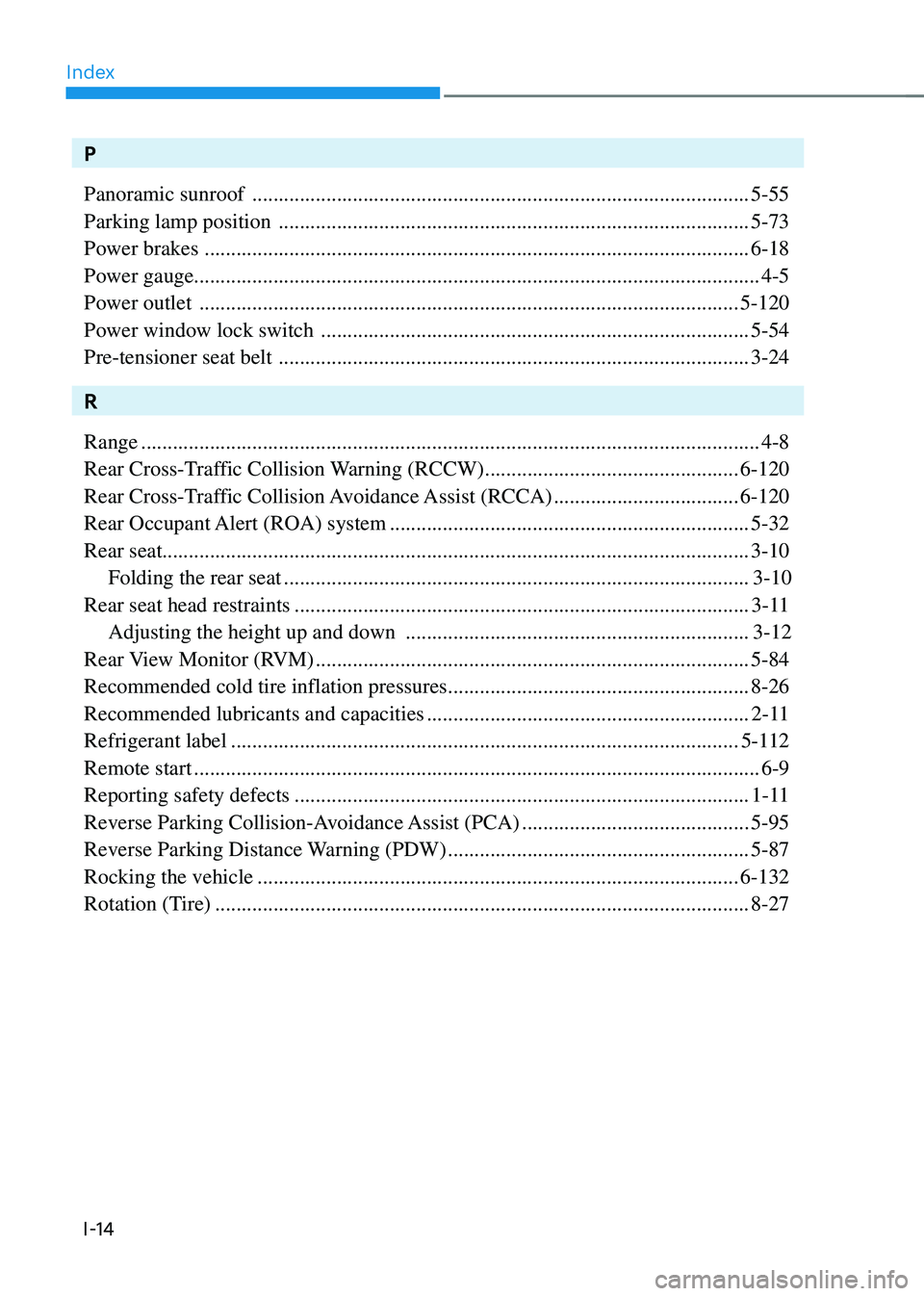 HYUNDAI SONATA HYBRID 2022  Owners Manual Index
I-14
P
Panoramic sunroof 
 ........................................................................\
......................5-55
Parking lamp position 
 ..........................................