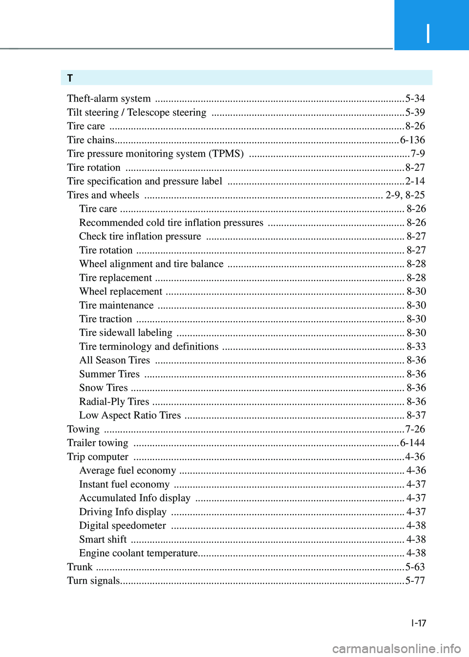 HYUNDAI SONATA HYBRID 2022  Owners Manual I
I-17
T
Theft-alarm system 
 ........................................................................\
.....................5-34
Tilt steering / Telescope steering 
 .................................