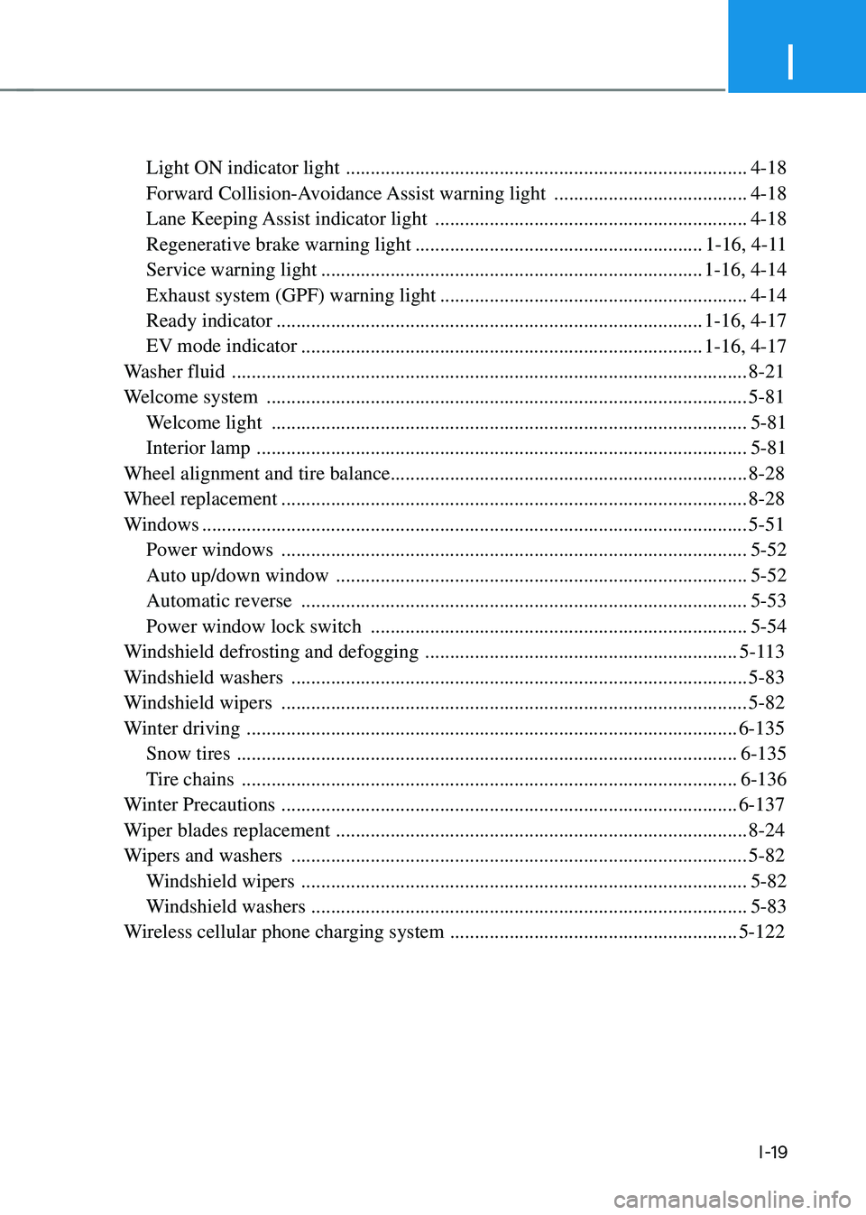 HYUNDAI SONATA HYBRID 2022  Owners Manual I
I-19
Light ON indicator light  ........................................................................\
.........4-18
Forward Collision-Avoidance Assist warning light 
 ............................