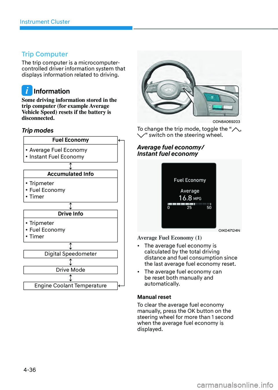 HYUNDAI SONATA HYBRID 2021 Owners Manual Instrument Cluster
4-36
Trip Computer
The trip computer is a microcomputer-
controlled driver information system that
displays information related to driving.
Information
Some driving information st HYUNDAI SONATA HYBRID 2021 Owners Manual Instrument Cluster
4-36
Trip Computer
The trip computer is a microcomputer-
controlled driver information system that
displays information related to driving.
Information
Some driving information st