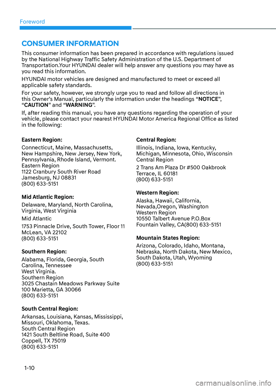 HYUNDAI SONATA HYBRID 2021 User Guide Foreword
1-10
This consumer information has been prepared in accordance with regulations issued
by the National Highway Traffic Safety Administration of the U.S. Department of
Transportation.Your HY HYUNDAI SONATA HYBRID 2021 User Guide Foreword
1-10
This consumer information has been prepared in accordance with regulations issued
by the National Highway Traffic Safety Administration of the U.S. Department of
Transportation.Your HY