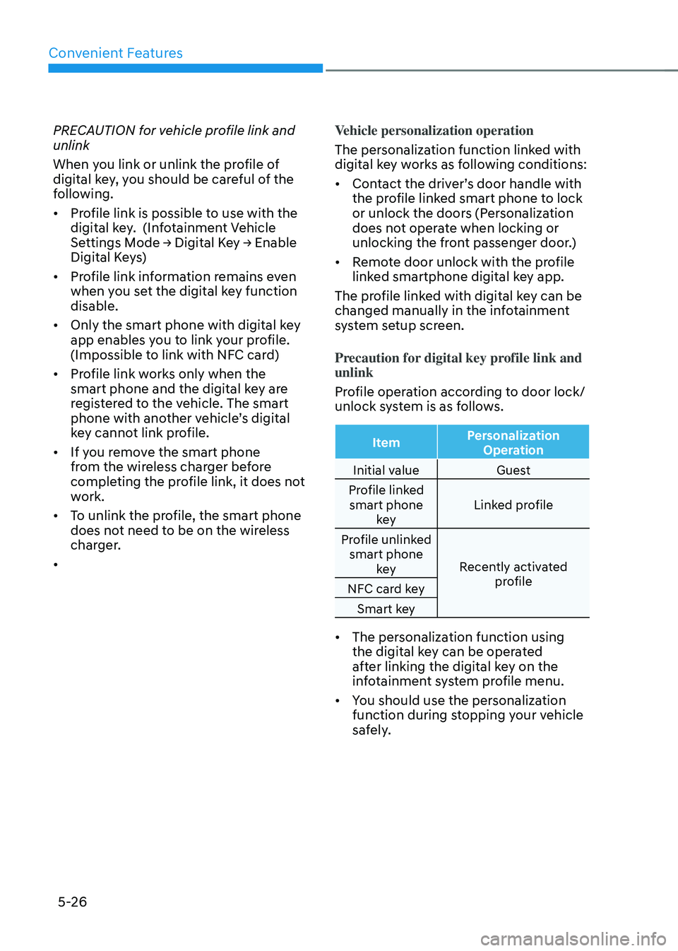 HYUNDAI SONATA HYBRID 2021 Owners Manual Convenient Features
5-26
PRECAUTION for vehicle profile link and
unlink
When you link or unlink the profile of
digital key, you should be careful of the
following.
• Profile link is possible to u HYUNDAI SONATA HYBRID 2021 Owners Manual Convenient Features
5-26
PRECAUTION for vehicle profile link and
unlink
When you link or unlink the profile of
digital key, you should be careful of the
following.
• Profile link is possible to u