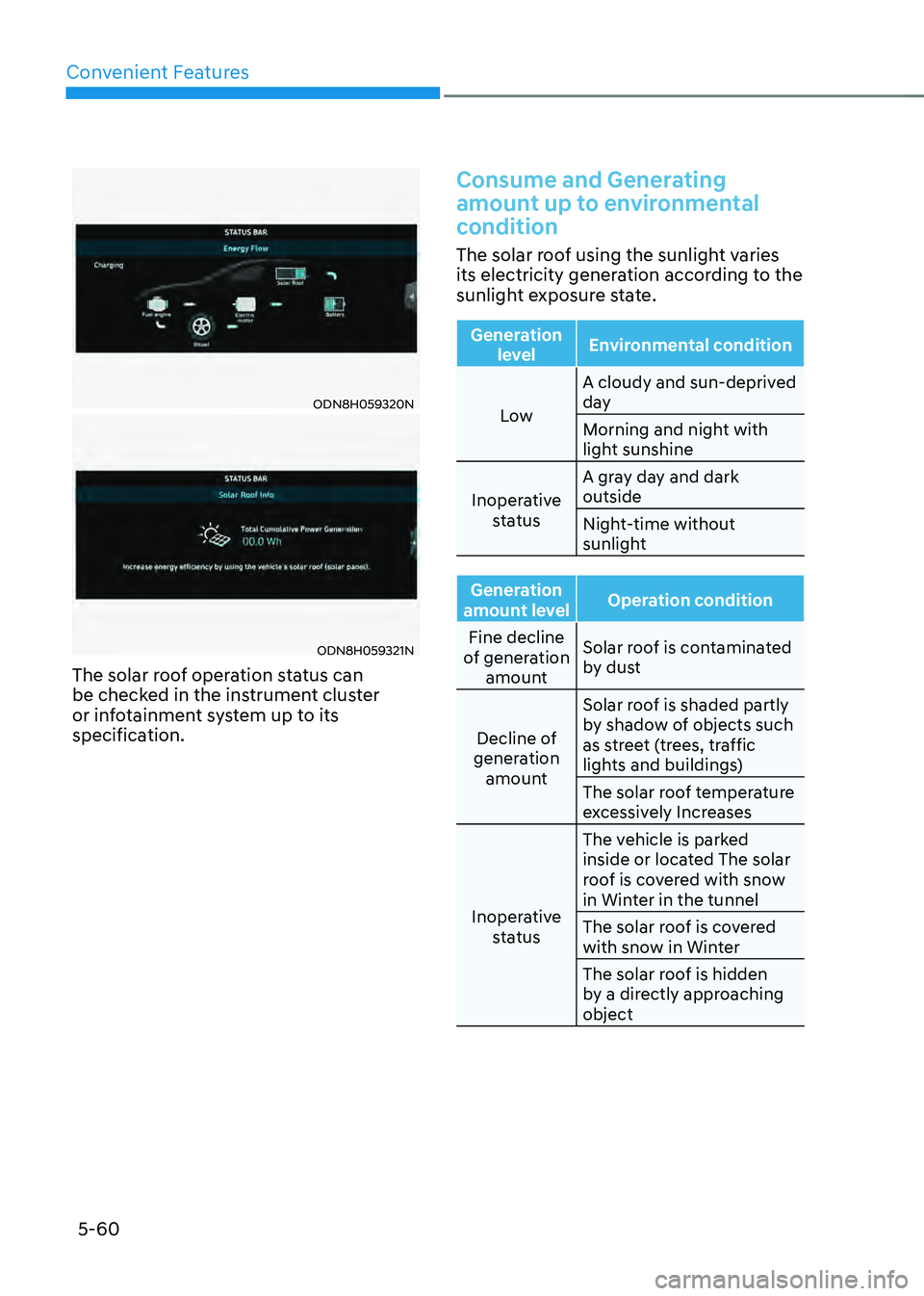 HYUNDAI SONATA HYBRID 2021 Owners Manual Convenient Features
5-60
ODN8H059320N
ODN8H059321N
The solar roof operation status can
be checked in the instrument cluster
or infotainment system up to its
specification.
Consume and Generating
a HYUNDAI SONATA HYBRID 2021 Owners Manual Convenient Features
5-60
ODN8H059320N
ODN8H059321N
The solar roof operation status can
be checked in the instrument cluster
or infotainment system up to its
specification.
Consume and Generating
a