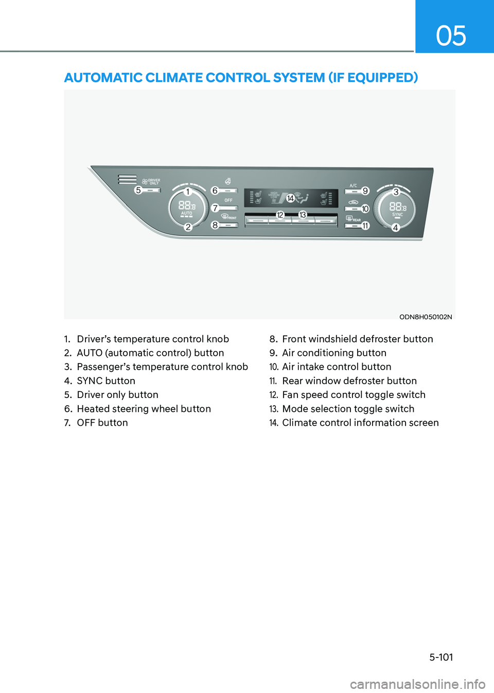 HYUNDAI SONATA HYBRID 2021 Owners Manual 5-101
05
1. Driver’s temperature control knob
2. AUTO (automatic control) button
3. Passenger’s temperature control knob
4. SYNC button
5. Driver only button
6. Heated steering wheel button
7. OFF HYUNDAI SONATA HYBRID 2021 Owners Manual 5-101
05
1. Driver’s temperature control knob
2. AUTO (automatic control) button
3. Passenger’s temperature control knob
4. SYNC button
5. Driver only button
6. Heated steering wheel button
7. OFF