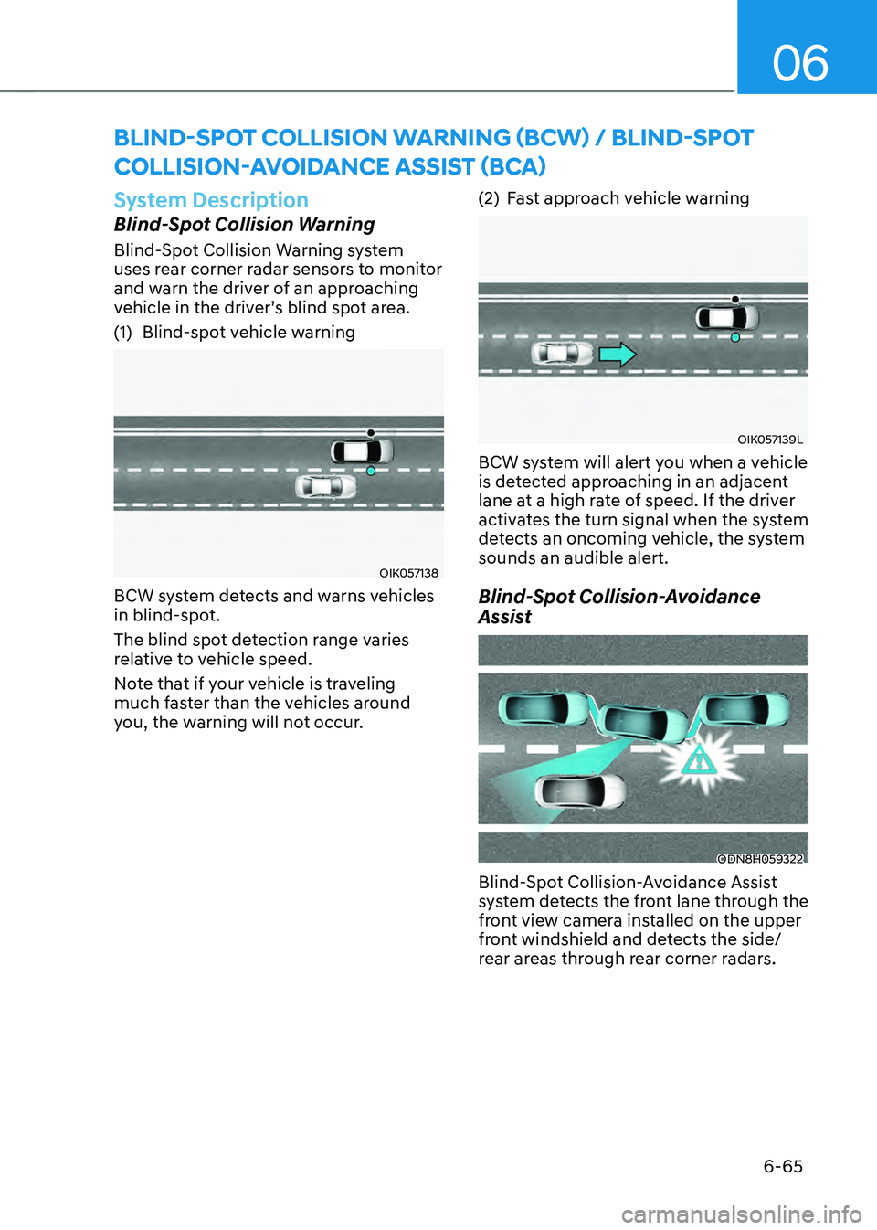 HYUNDAI SONATA HYBRID 2021 Owners Manual 06
6-65
System Description
Blind-Spot Collision Warning
Blind-Spot Collision Warning system
uses rear corner radar sensors to monitor
and warn the driver of an approaching
vehicle in the driver’s HYUNDAI SONATA HYBRID 2021 Owners Manual 06
6-65
System Description
Blind-Spot Collision Warning
Blind-Spot Collision Warning system
uses rear corner radar sensors to monitor
and warn the driver of an approaching
vehicle in the driver’s